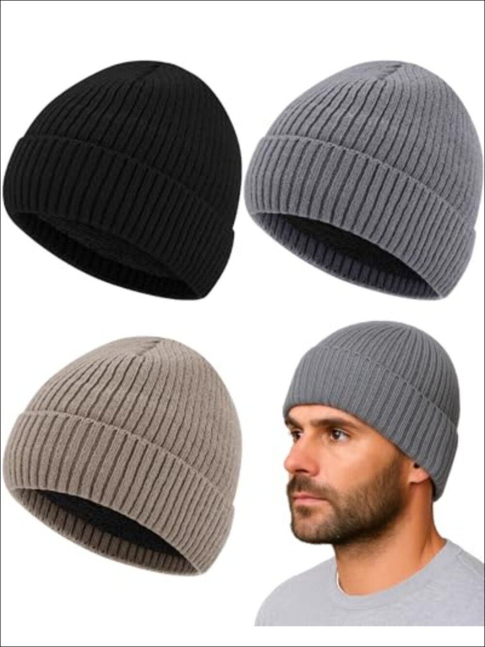 3 Pack Fleece Lined Knit Beanie Hats Thermal Winter Outdoor Sports